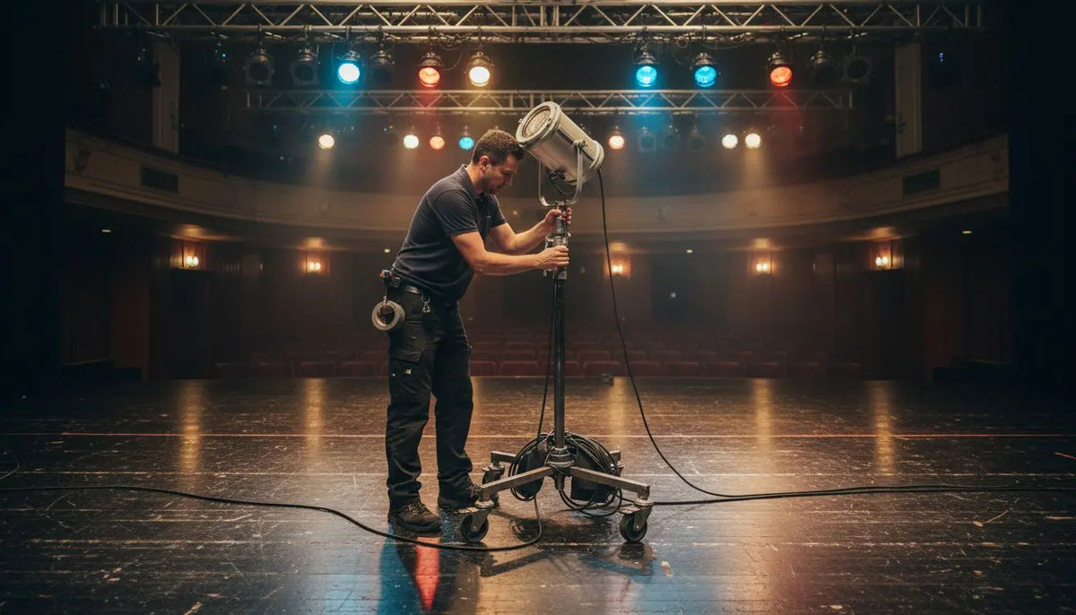 Technician setting up stage lighting before show