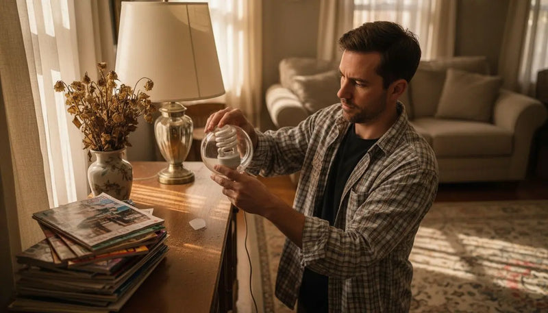 Man switching bulb in a lived-in living room