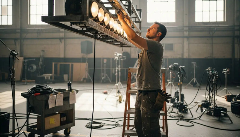 Technician adjusting halogen lights in film studio