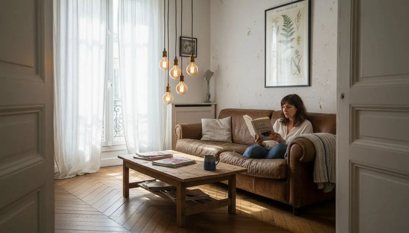 Un salon cosy baigné par la lumière douce de suspensions rétro