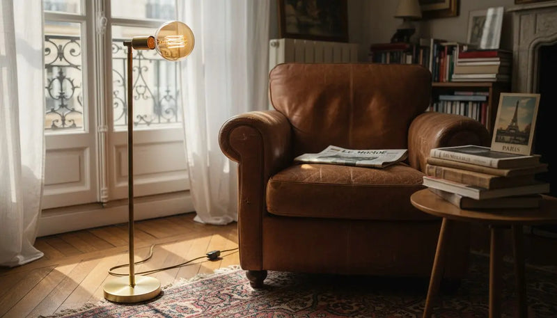 Ambiance chaleureuse dans le salon avec une ampoule à filament rétro