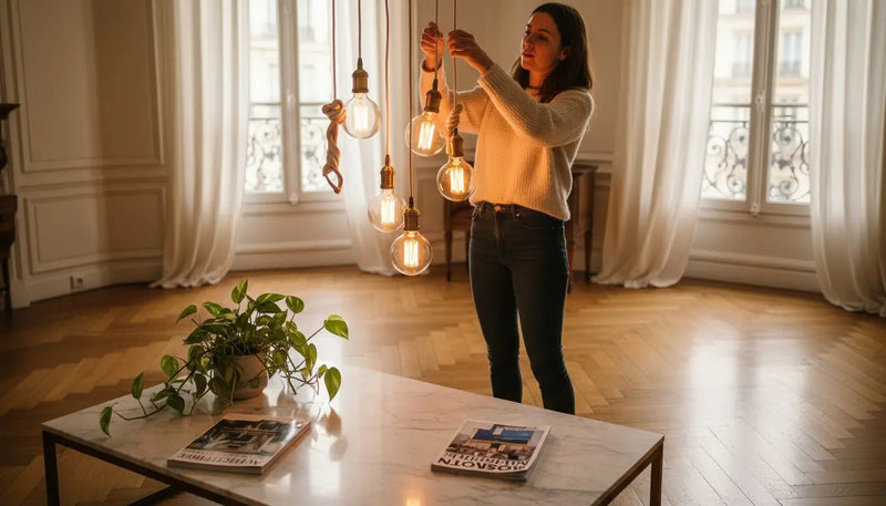 Une femme dispose des objets décoratifs lumineux dans un salon moderne et élégant.