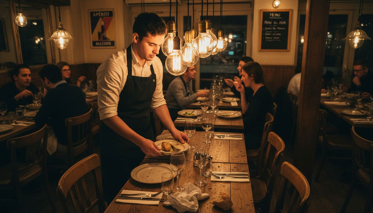 Atmosphère chaleureuse dans le restaurant, sublimée par la douce lumière des ampoules à filament.