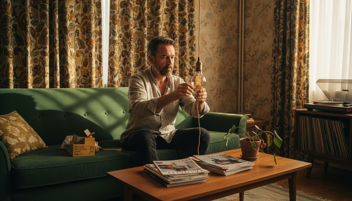 Un homme installe une ampoule rétro dans un salon à l’ambiance vintage.
