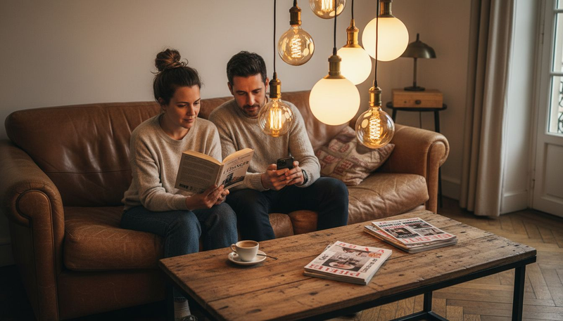 Un couple profite d’un moment de détente dans leur salon, à la lueur de jolies guirlandes lumineuses.