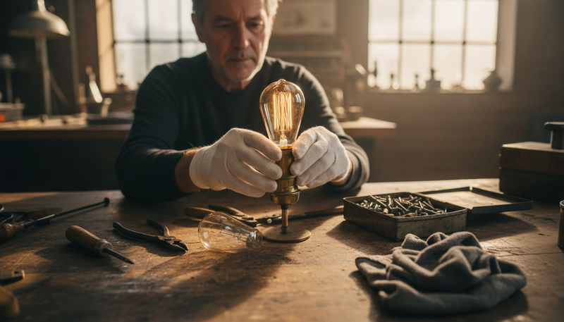 Dans son atelier, un technicien s’affaire à nettoyer une vieille ampoule, lui redonnant tout son éclat d’antan.