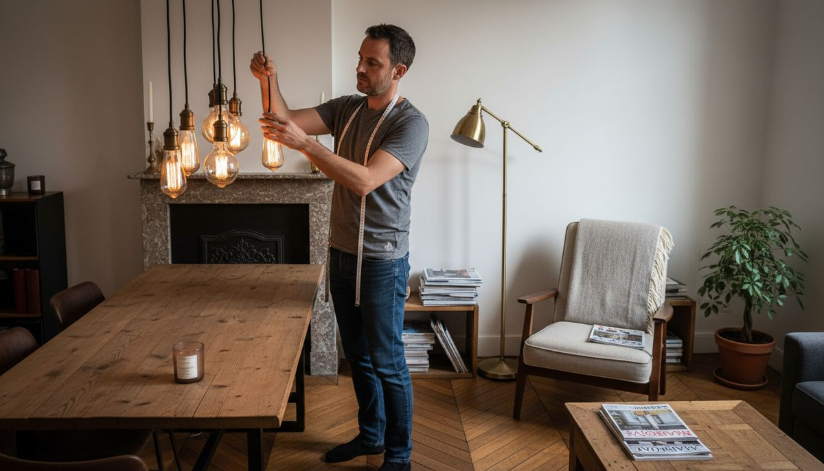 Un décorateur d'intérieur ajuste des ampoules décoratives dans un salon pour parfaire l'ambiance.