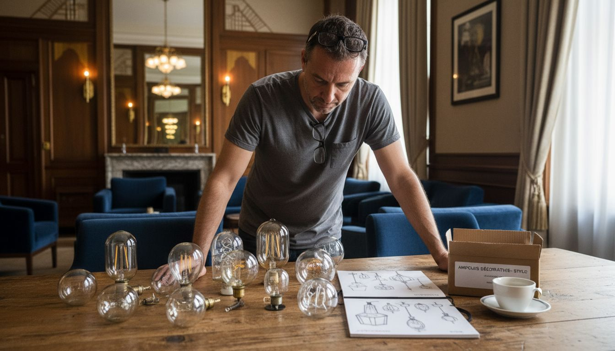 Le chef décorateur passe en revue différentes ampoules disposées sur une table dans le hall de l’hôtel, attentif au moindre détail pour créer l’ambiance idéale.