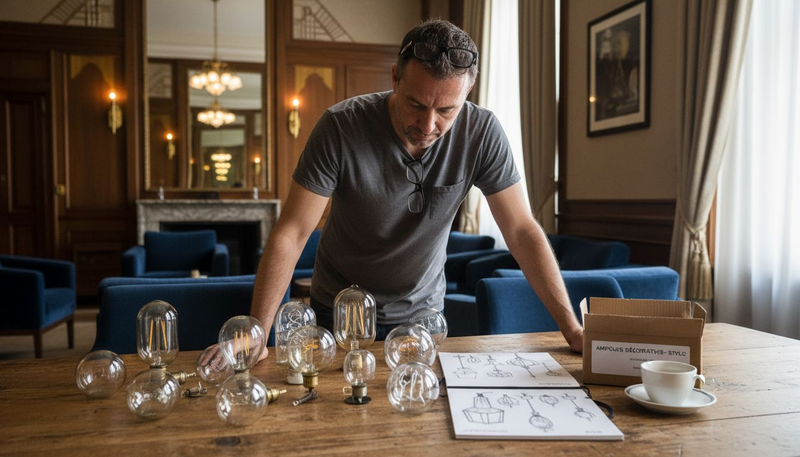 Le chef décorateur passe en revue différentes ampoules disposées sur une table dans le hall de l’hôtel, attentif au moindre détail pour créer l’ambiance idéale.