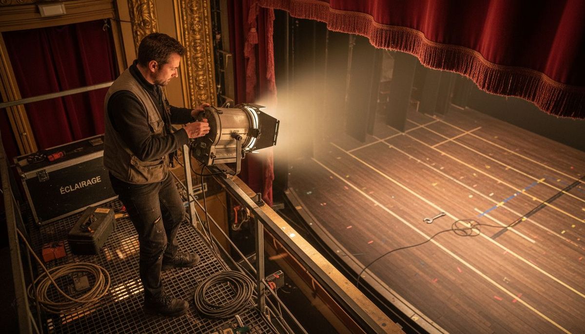 Un technicien règle un projecteur halogène en coulisses.