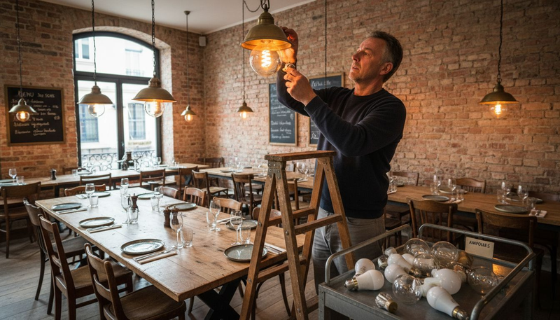 Un technicien s’affaire à installer différents types d’ampoules dans la salle d’un restaurant, veillant à créer une ambiance chaleureuse et accueillante.