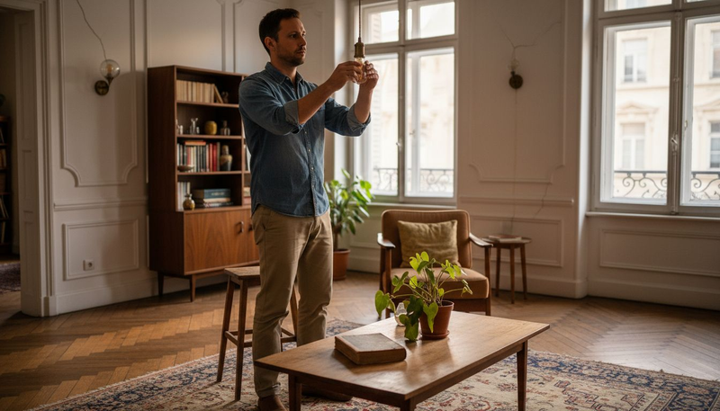 Un homme pose une ampoule au look rétro, parfaite pour donner une touche vintage à son intérieur.