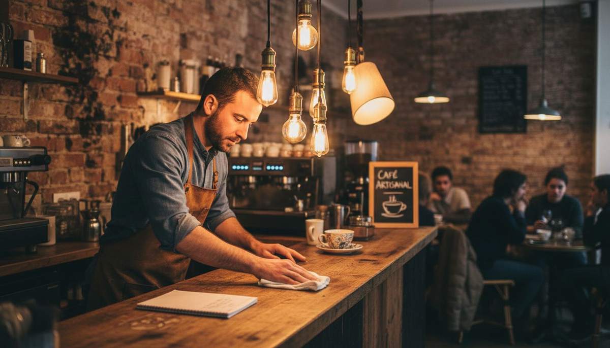 Un barista prépare un café derrière son comptoir, baigné dans la lumière chaleureuse des ampoules à filament rétro.
