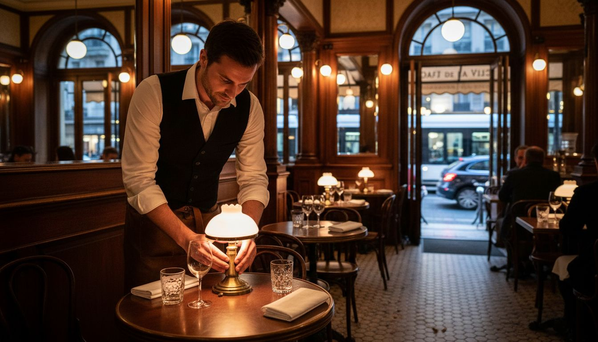 Un serveur ajuste la lumière d'une lampe à incandescence dans la salle d'un restaurant.