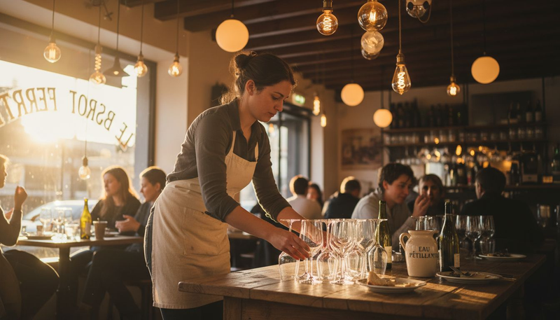 Un serveur aligne soigneusement des verres sous les suspensions lumineuses du restaurant.