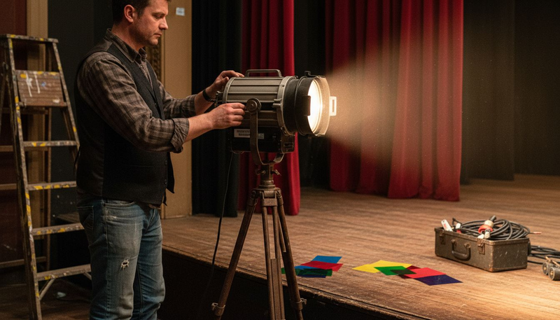 Un technicien règle un ancien projecteur sur la scène d’un théâtre.