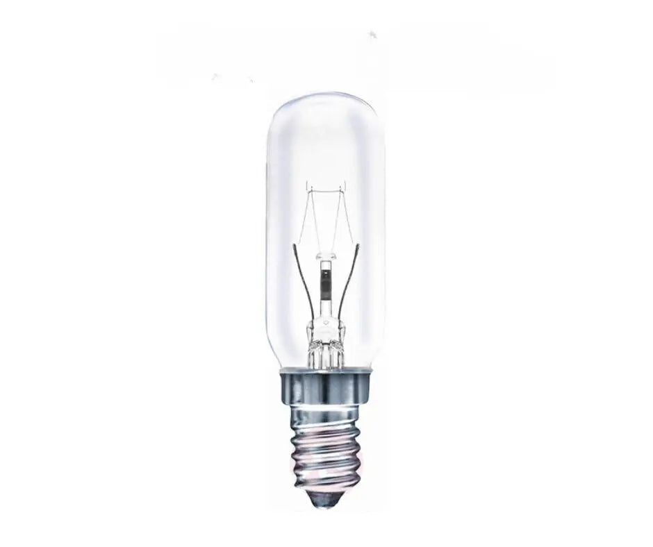 Ampoule tube E14 40 W à incandescence pour hotte, verre clair et filament visible, éteinte, sur fond blanc