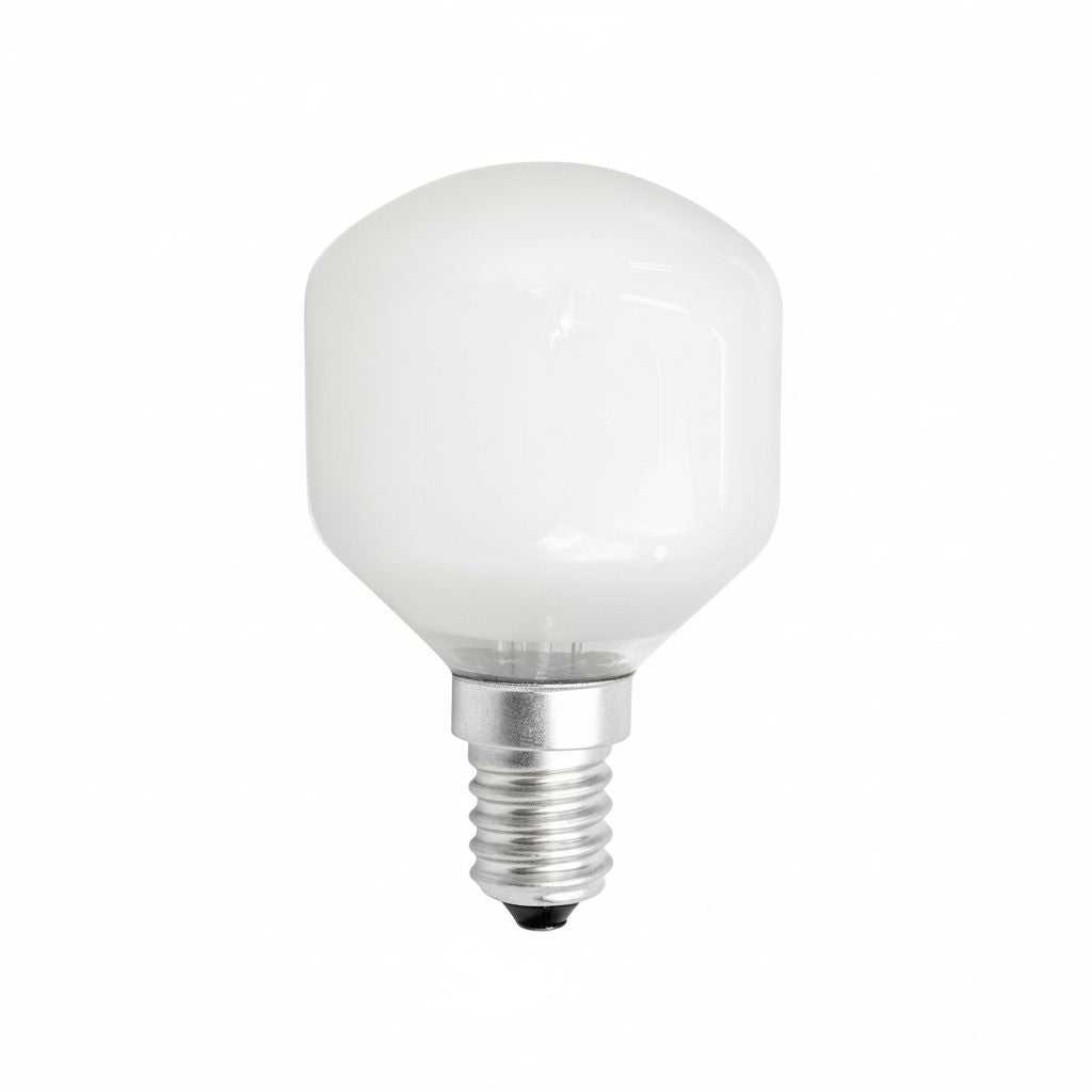 Ampoule incandescente T45 40W en verre opale, culot E14, éteinte, sur fond blanc