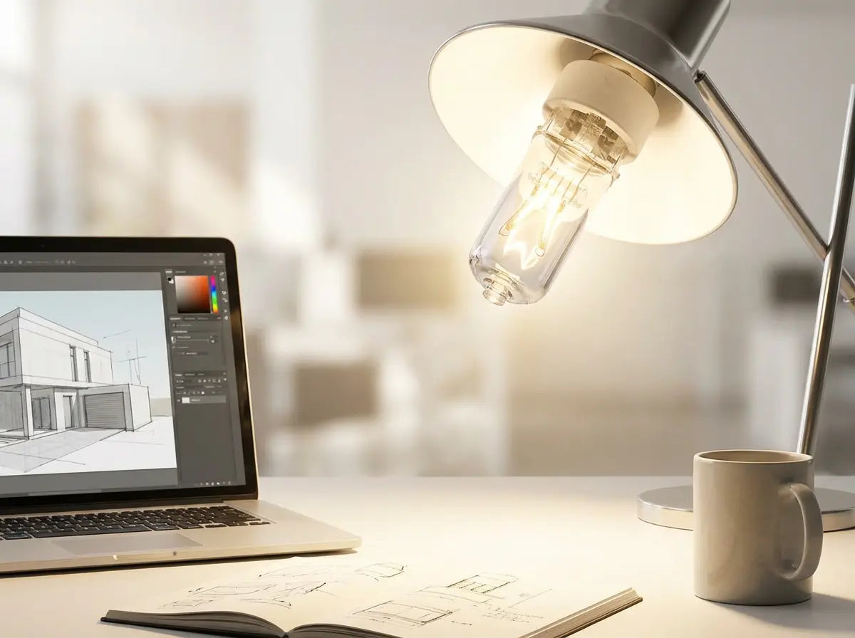 Ampoule halogène JD E14 150W allumée dans une lampe de bureau, à côté d'un ordinateur portable et d'une tasse