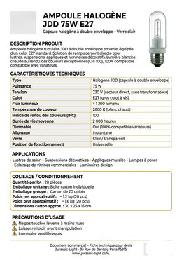 Fiche technique de l'ampoule halogène JDD 75 W E27 en verre clair : caractéristiques, applications et conditionnement