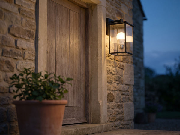 Ampoule LED crépusculaire E27 dans une applique extérieure à la tombée de la nuit
