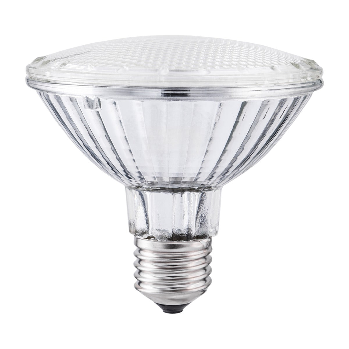 Ampoule halogène PAR30 à culot E27, 75 W ou 100 W, réflecteur en verre aluminisé et face avant texturée, vue de profil sur fond blanc