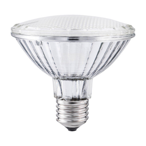 Ampoule halogène PAR30 à culot E27, 75 W ou 100 W, réflecteur en verre aluminisé et face avant texturée, vue de profil sur fond blanc