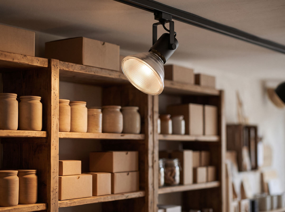 Ampoule halogène PAR38 E27 montée dans un spot noir sur rail, éclairant les étagères en bois d'une boutique – mise en situation