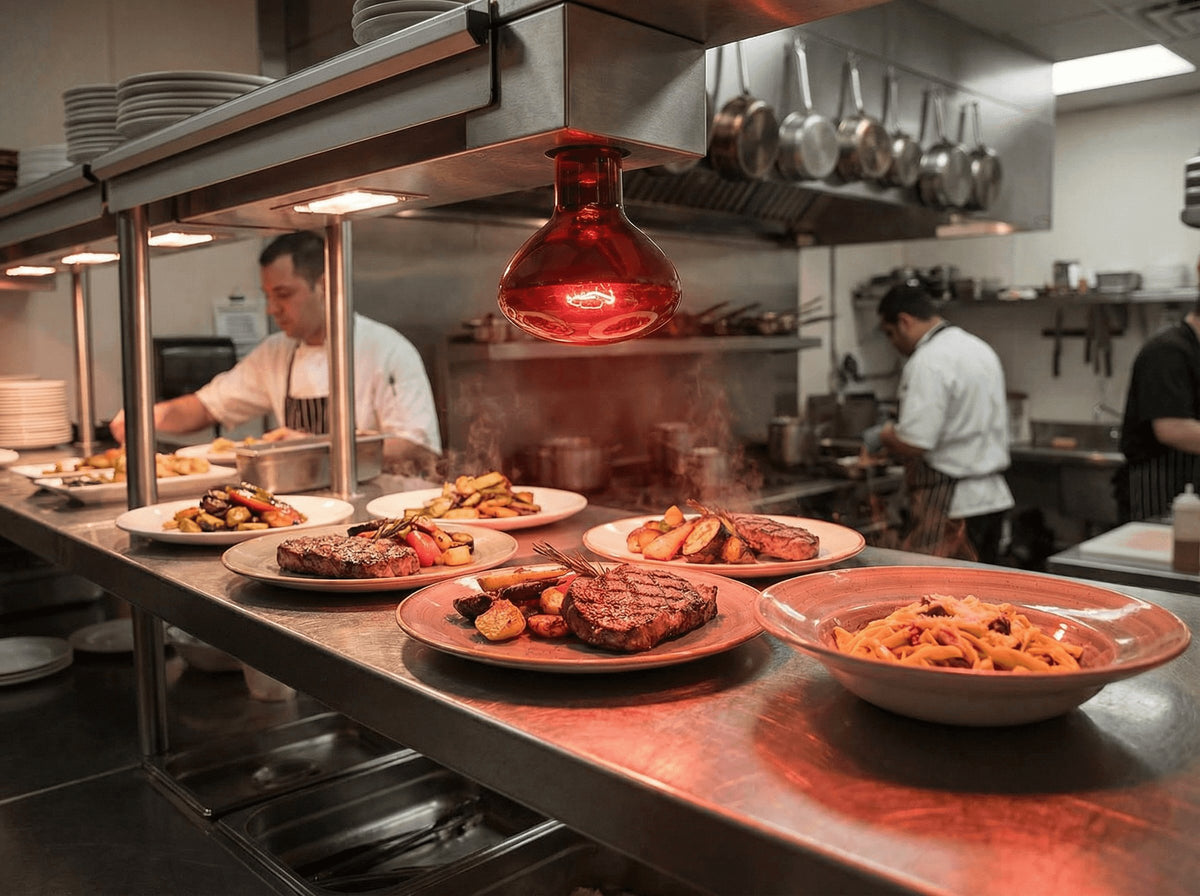 Ampoule infrarouge rouge fixée au-dessus d'un passe-plat de cuisine professionnelle, gardant des assiettes au chaud