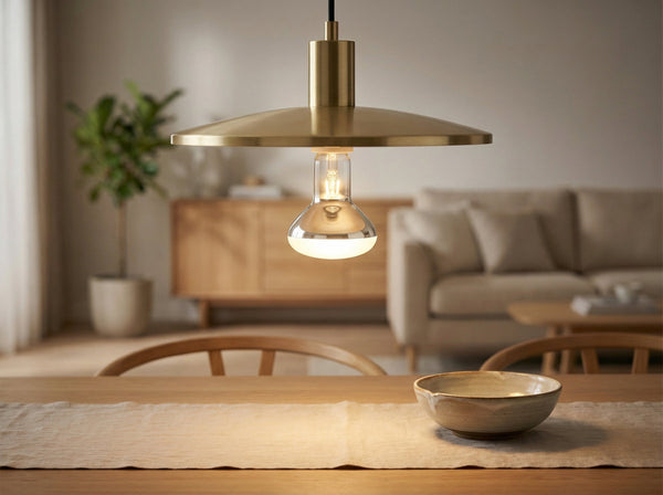 Ampoule réflecteur R63 E27 60W allumée sous une suspension en laiton, au-dessus d'une table en bois avec un bol