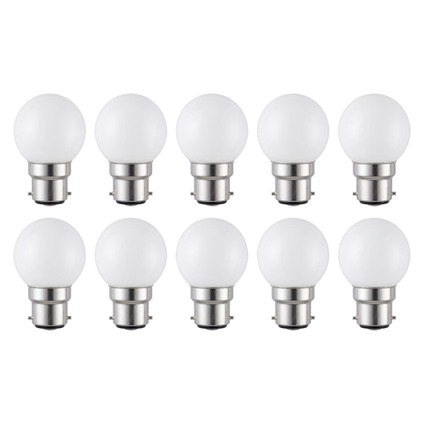 Lot de 10 ampoules sphériques B22 en verre dépoli blanc, sur deux rangées sur fond blanc