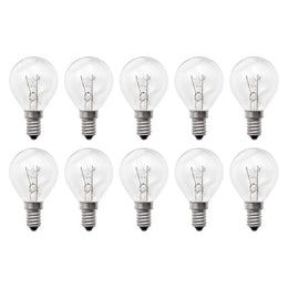 Lot de 10 ampoules sphériques E14 en verre clair, filament visible, sur deux rangées sur fond blanc
