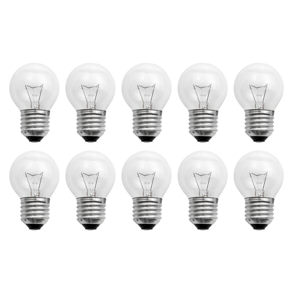 Lot de 10 ampoules sphériques E27 en verre clair, filament visible, sur deux rangées sur fond blanc