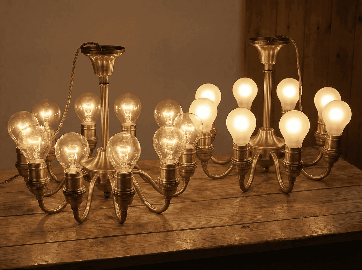 Mise en situation : pack de 10 ampoules sphériques E14, verre clair et verre dépoli, installées sur un lustre vintage pour comparer l'effet lumineux.