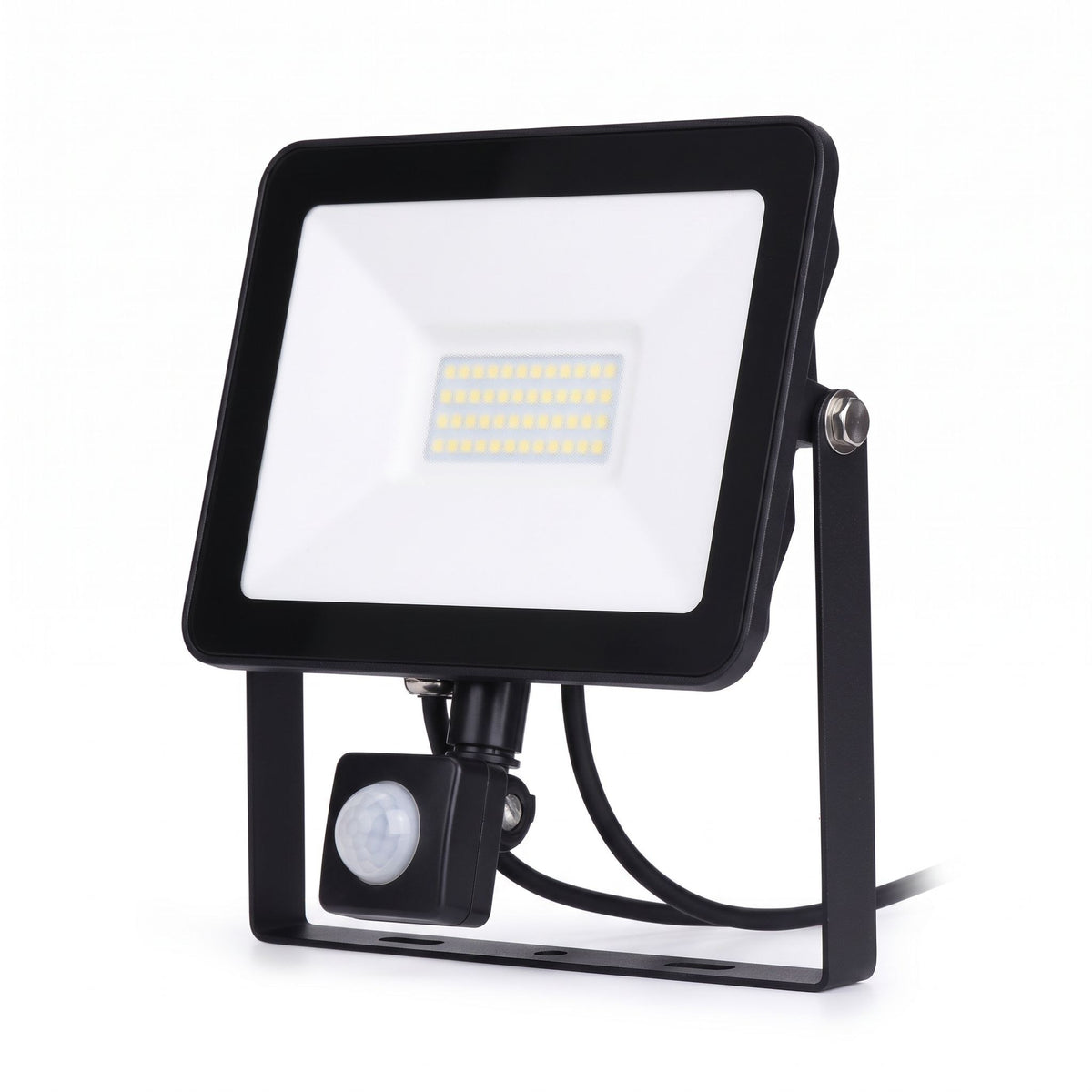 Projecteur LED plat noir avec son détecteur de mouvement sous le boîtier, sur fond blanc