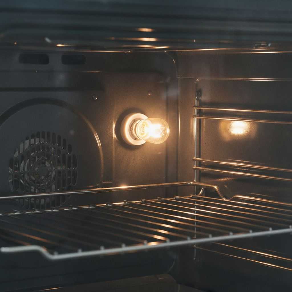 Ampoule de four allumée dans la paroi d'un four, éclairant les grilles de cuisson près du ventilateur