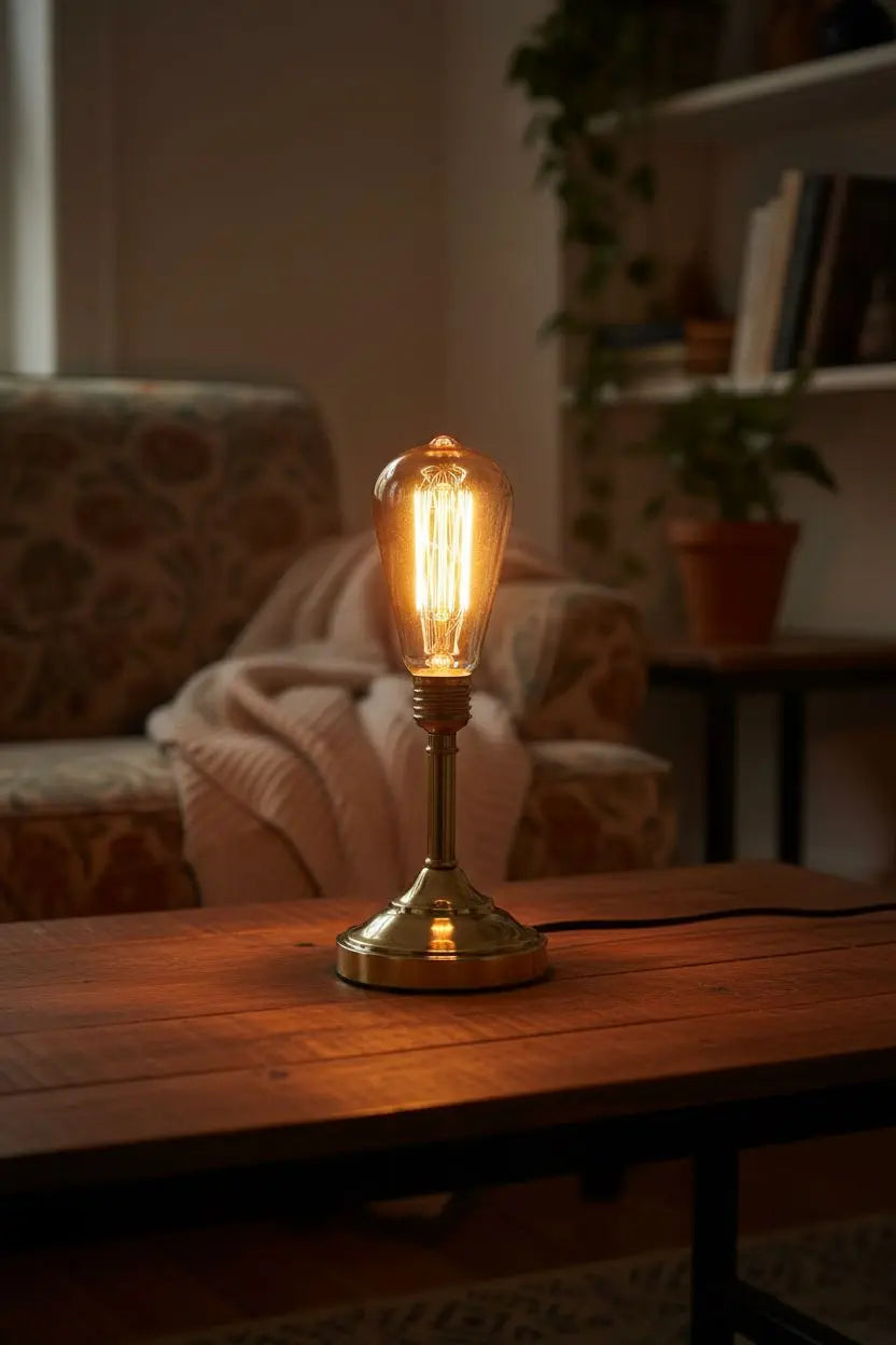 Ampoule ST64 à filament allumée sur un pied de lampe en laiton, posé sur une table basse en bois dans un salon