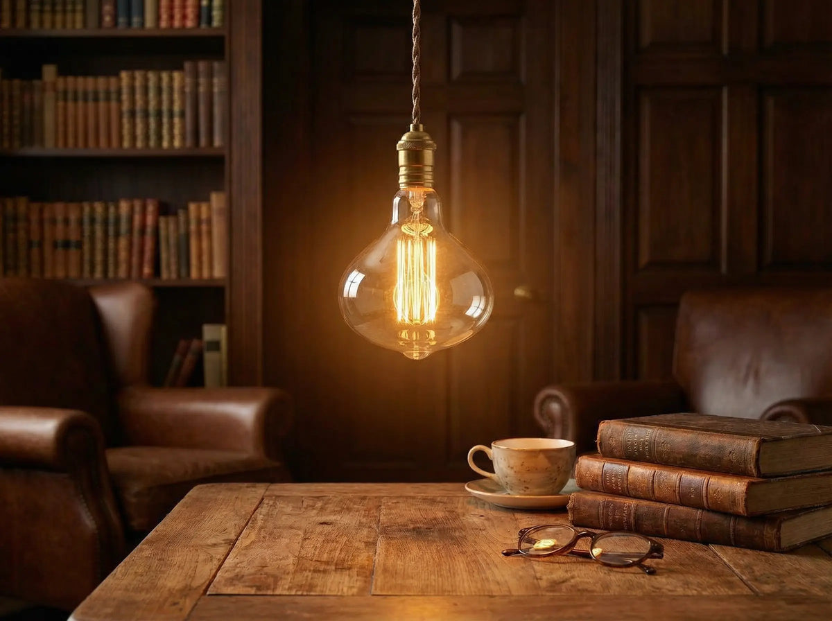 Ampoule R125 à filament cage allumée, suspendue au-dessus d'une table en bois dans une bibliothèque