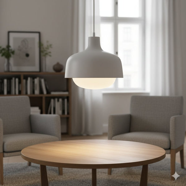 Suspension blanche allumée au-dessus d'une table ronde en bois, dans un salon avec fauteuils gris et bibliothèque
