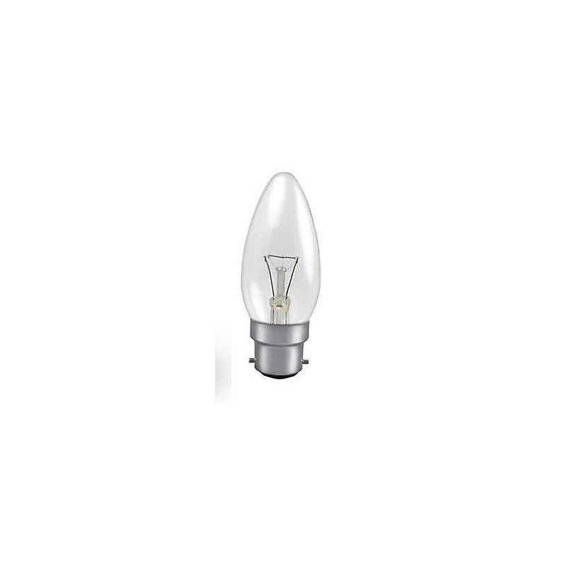 Ampoule flamme C35 en verre clair, filament visible, culot baïonnette B22
