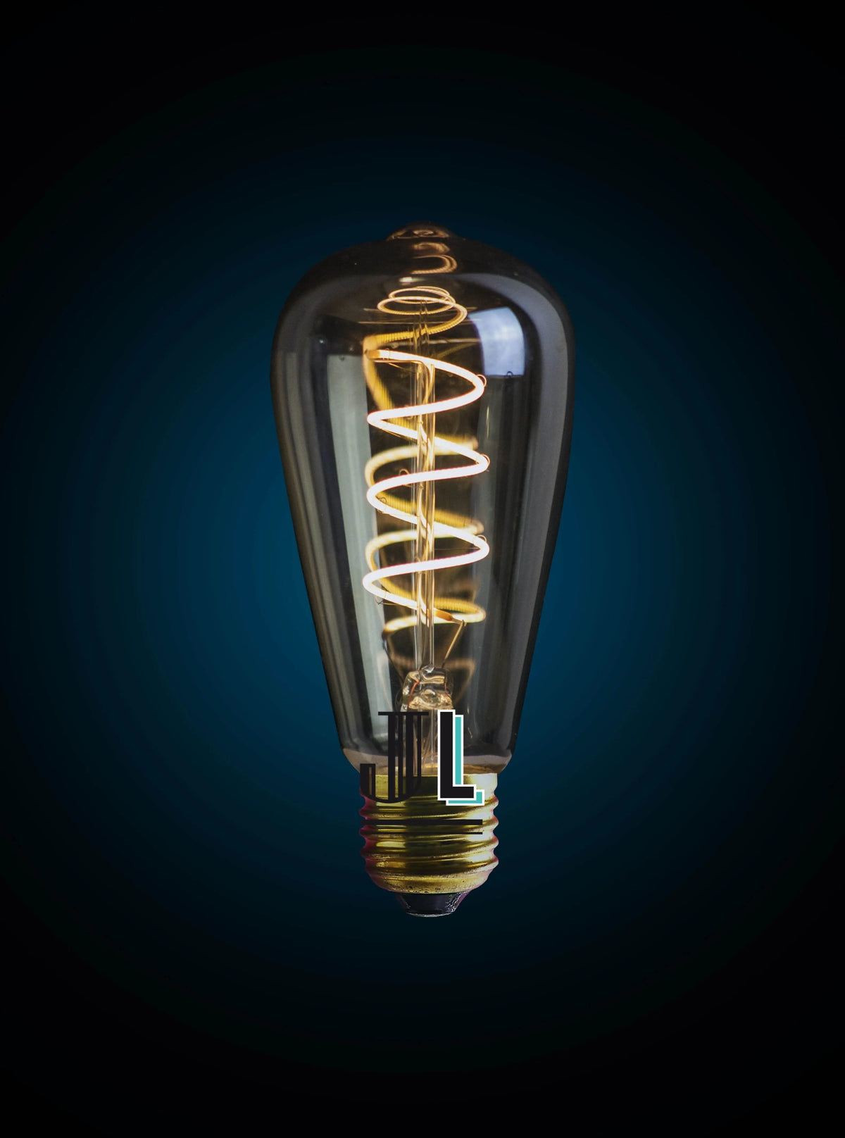 Ampoule LED E27 4W dimmable forme Edison en goutte, verre teinté ambre, filament spirale allumé, sur fond bleu nuit