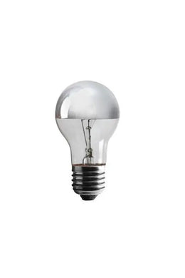 Ampoule A60 E27 à calotte argentée, verre clair et filament visible, éteinte, sur fond blanc