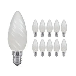 Lot de 10 ampoules flamme torsadées E14 en verre dépoli, éteintes, une au premier plan sur fond blanc