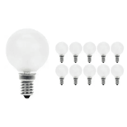 Pack de 10 ampoules sphériques E14 en verre dépoli, éteintes, une au premier plan sur fond blanc