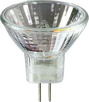 Spot halogène MR11 12V 20W Ø35 mm, réflecteur à facettes en verre et culot à deux broches, sur fond blanc