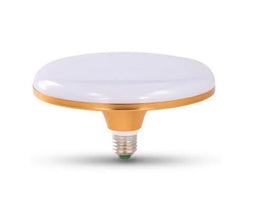 Ampoule LED UFO 36W E27, diffuseur blanc plat cerclé de doré, vue de profil sur fond blanc