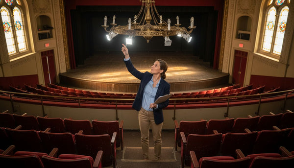 Facilities manager adjusting eco lighting in historic theater