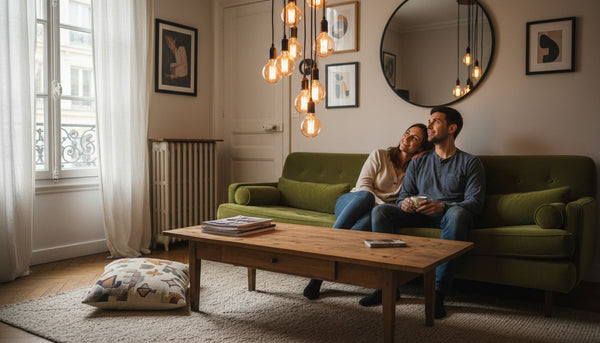 Couple with vintage bulbs in Parisian living room