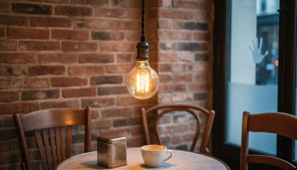 Vintage bulb glowing in cozy Paris cafe