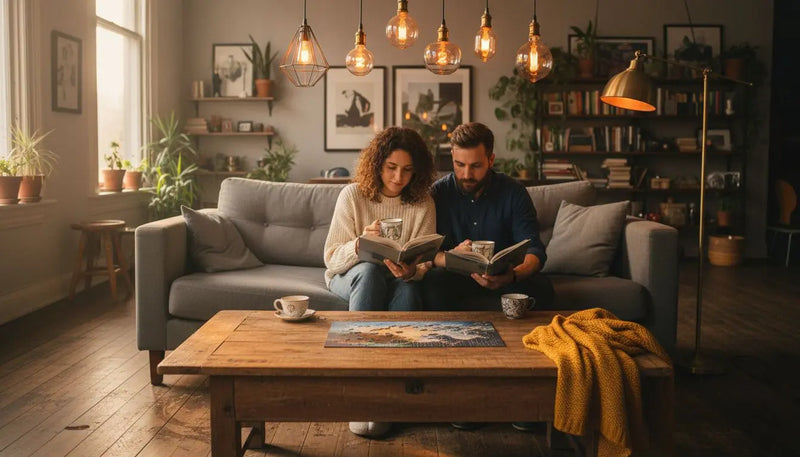 Couple relaxing with warm vintage lights in living room